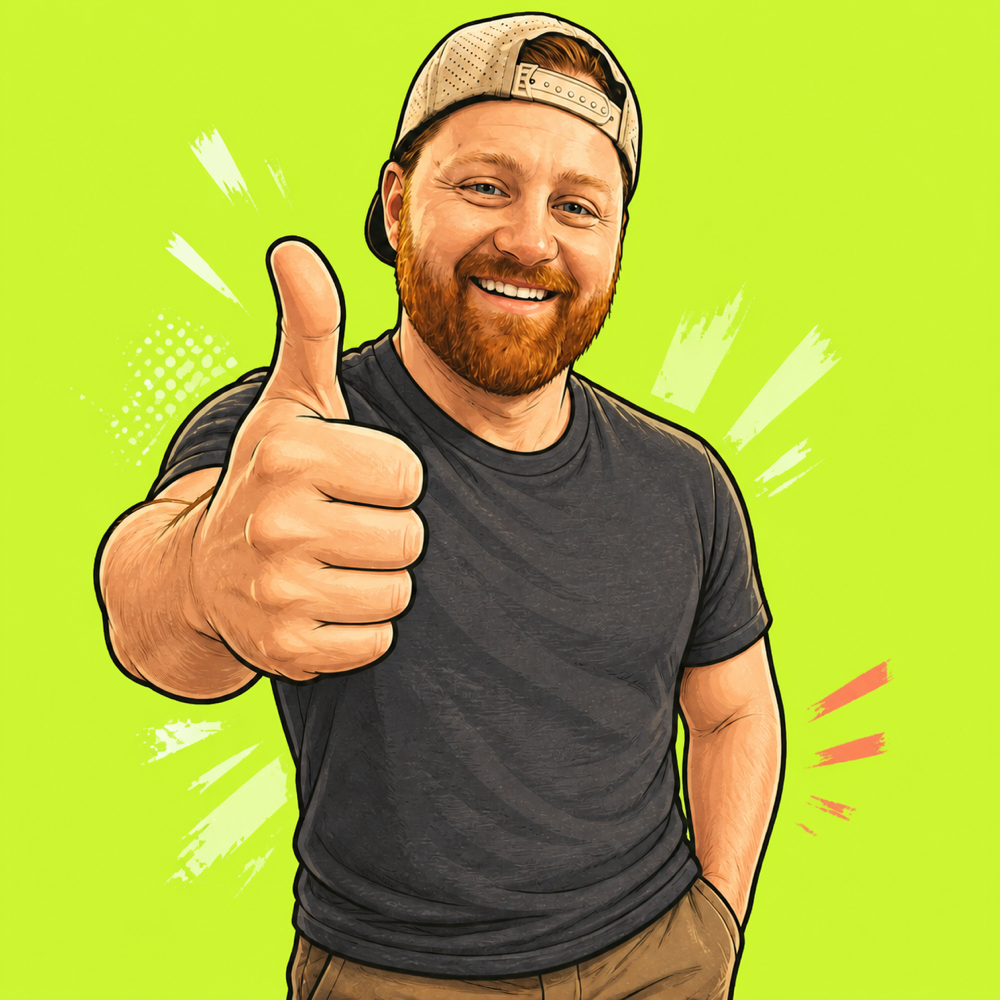 Cartoon portrait of Hayden Crane smiling and giving a thumbs up